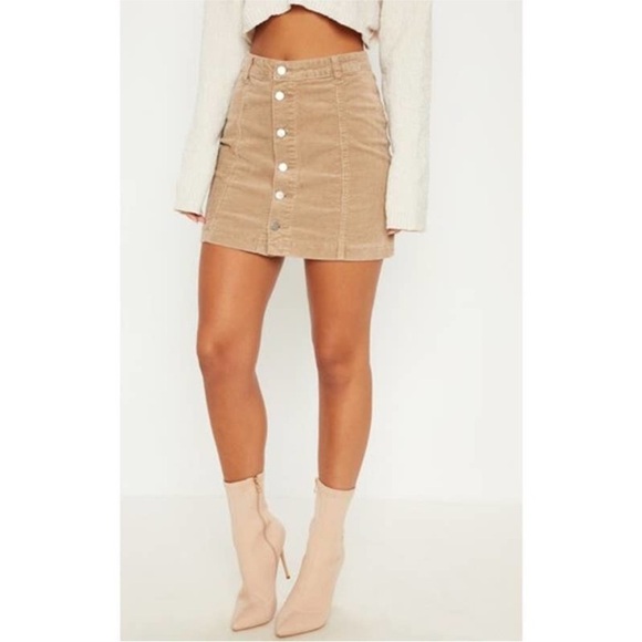 NWT Pretty Little Thing A-line Corduroy Mini Skirt Stone Cord Cammie Tan - Picture 12 of 12